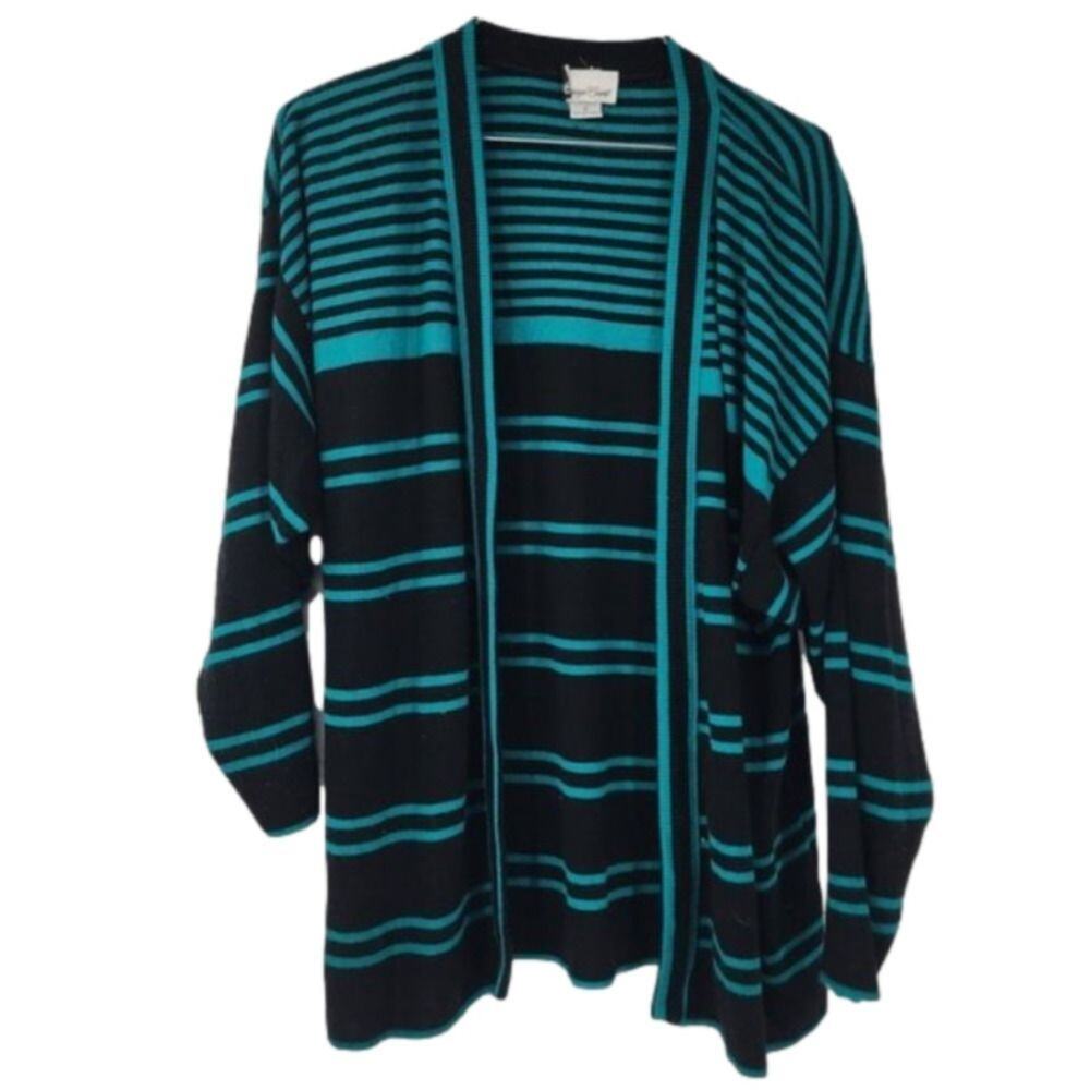 CARRIAGE COURT Green and Black Striped Open Front Cardigan Womens Size Small S